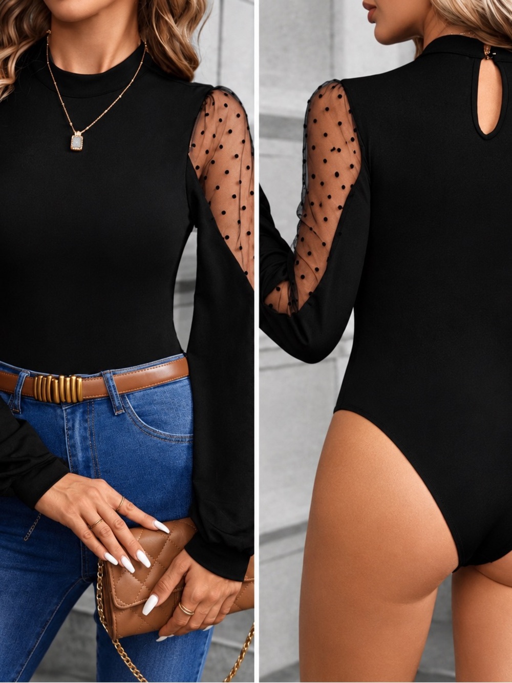 Black Polka Dot Mesh Sleeve Bodysuit Size M NWOT
